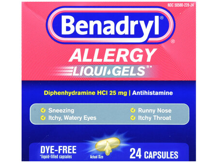 Benadryl Allergy Diphenhydramine HCl 25 mg Antihistamine Liqui-Gels Dye-Free