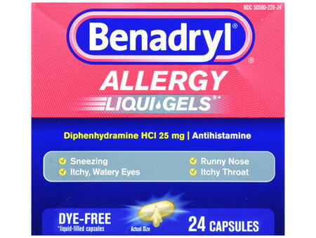 Benadryl Allergy Diphenhydramine HCl 25 mg Antihistamine Liqui-Gels Dye-Free