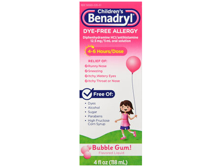 Benadryl Children's Allergy Diphenhydramine HCl 12.5 mg Antihistamine Liquid Dye-Free Bubble Gum