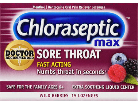 Chloraseptic Benzocaine Oral Pain Reliever Sore Throat Lozenges Wild Berries Max