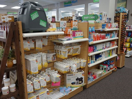 Display shelves in a pharmacy containing durable medical equipment