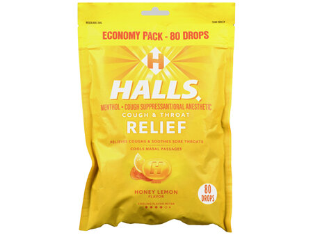 Halls Cough & Throat Relief Menthol Drops Honey Lemon