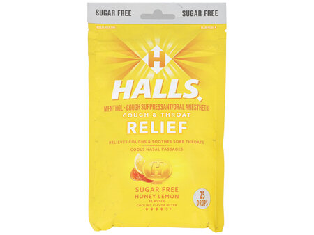 Halls Cough & Throat Relief Menthol Drops Sugar Free Honey Lemon