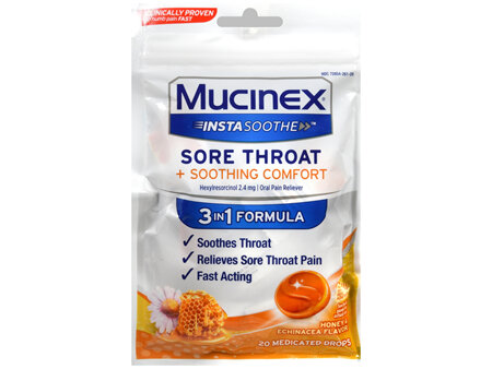 Mucinex InstaSoothe Sore Throat + Soothing Comfort Medicated Drops Honey & Echinacea