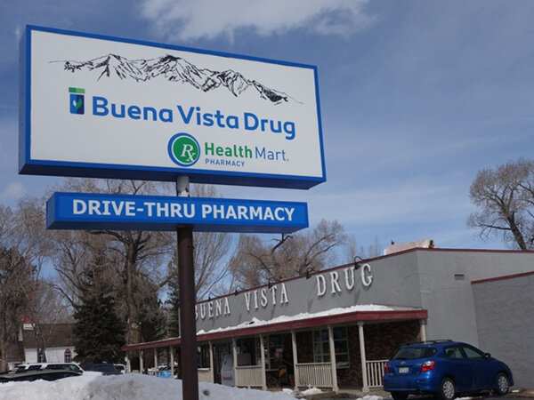 Photograph of the outside of Buena Vista Drug after it has snowed