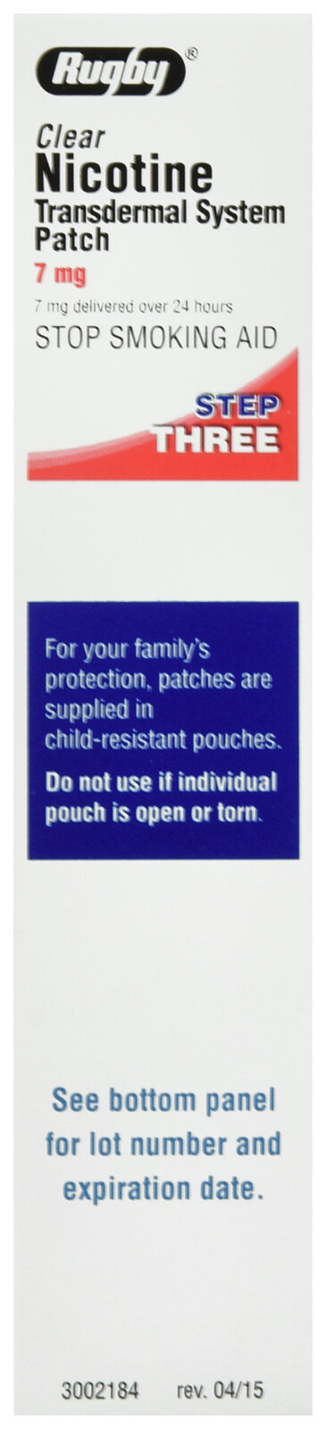 rugby tobacco patches Nicotine Transdermal Patch, Step 3 to Quit Smoking, 7mg, 14 Count hold for 10 seconds Rugby Nicotine Transdermal System Patches