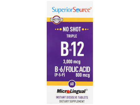 SuperiorSource No Shot Triple B12 3,000 mcg With B6 and Folic Acid 800 mcg MicroLingual Instant