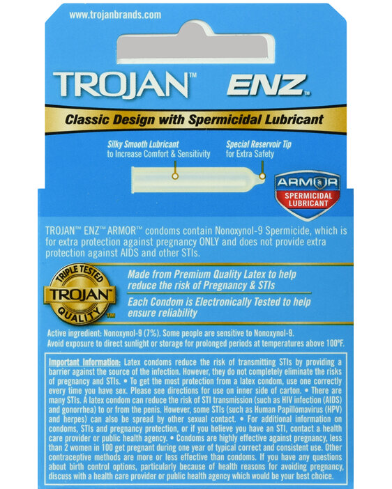 TROJAN ENZ Spermicidal Lubricated Latex Condoms - Rocky Ridge Drug Co. TROJAN ENZ Spermicidal Lubricated Latex Condoms - Rocky Ridge Drug Co.