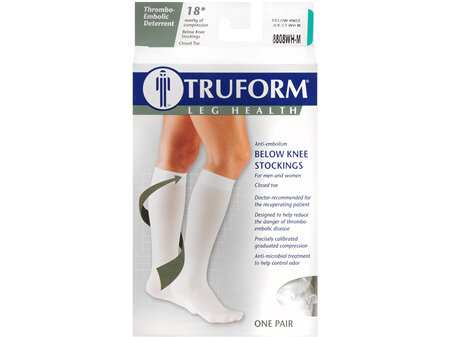 TRUFORM Anti-Embolism Below Knee Stockings Closed Toe Size M White