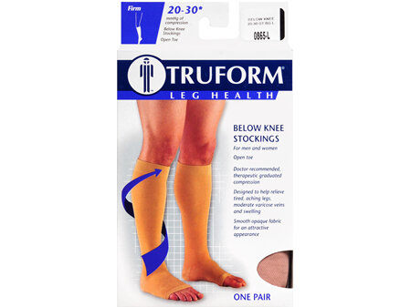TRUFORM Below Knee Stockings Firm Compression Open Toe Size L Beige